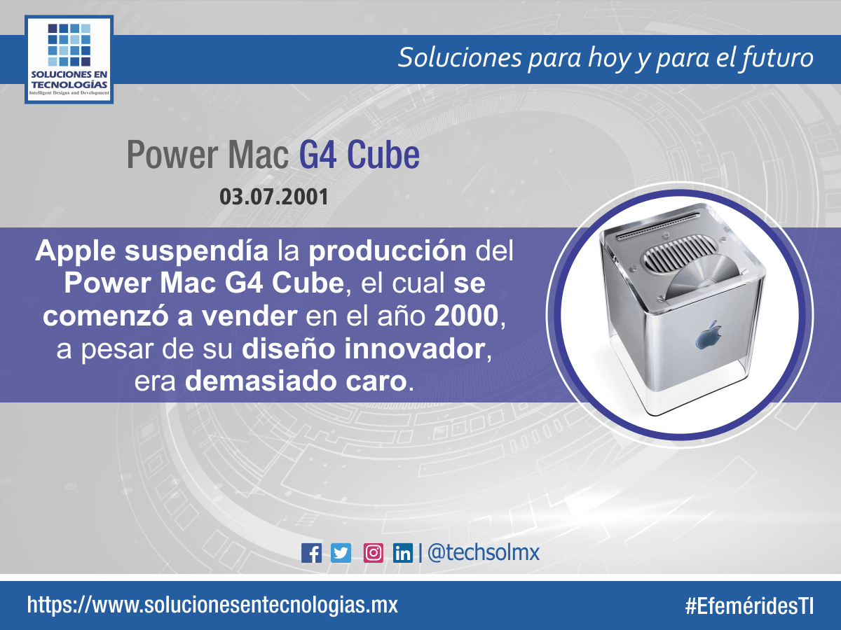 techsolmx's tweet photo. Un día como hoy (03/07/2001): Apple suspendía la producción del Power Mac G4 Cube, el cual se comenzó a vender en el año 2000, a pesar de su diseño innovador, era demasiado caro. https://t.co/0CrC3wF3xY #EfeméridesTI #Apple #PowerMacG4Cube #Tecnologías #Tecnología #Technologies https://t.co/XLOuGpnYz2