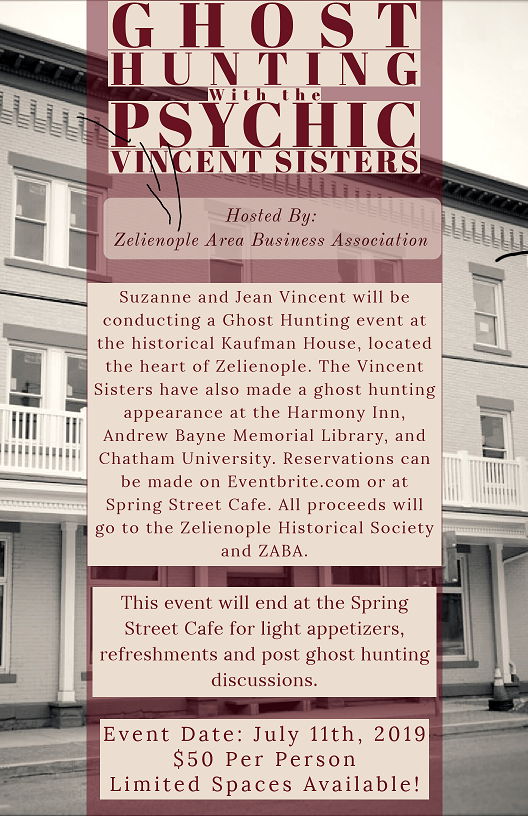 SpringStCafe1's tweet image. @SpringStCafe1 and @ExploreZelie are hosting  a Haunted Tour of the Kaufman House with the Psychic @SuzanneVincent and @Jean__Vincent on July 11th.
All Proceeds benefit the local Zelienople Business Association.  Register at Spring Street Cafe $50 for tour, drinks and food