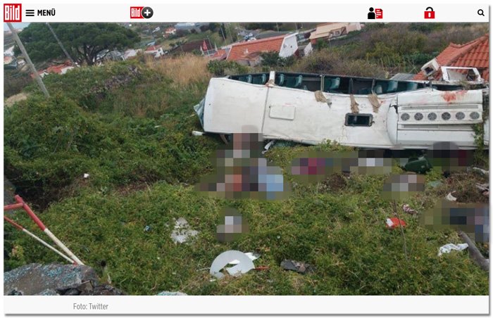 "Bild"-Chef <a href="/jreichelt/">Julian Reichelt</a> behauptet, <a href="/BILD/">BILD</a>.de habe zum Busunglück auf Madeira keine Fotos der getöteten Opfer gezeigt. Entweder hat er keinen blassen Schimmer, was seine Redaktion so alles veröffentlicht hat, oder er lügt: bildblog.de/112469/julian-…