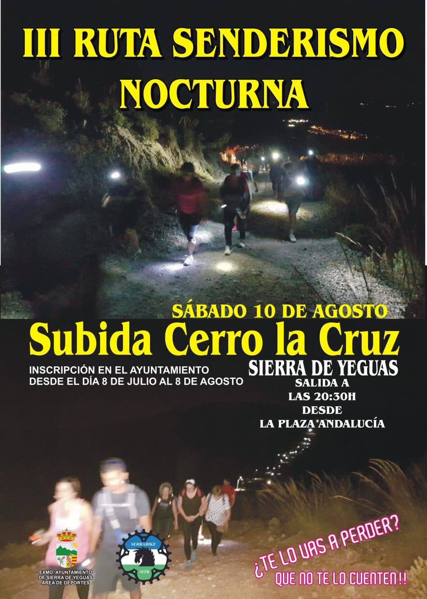 AytSierraYeguas's tweet photo. III Ruta Senderismo Nocturna Subida Cerro la Cruz #SierradeYeguas el próximo sábado 10 de agosto más info en @AytSierraYeguas https://t.co/IY3gaPV2t4