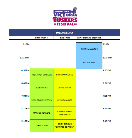 myDVBA's tweet photo. Check out the Buskers Festival schedule that is happening downtown today. See you there!
.
.
.
#downtownvictoria #dvba #buskersfest #yyj #dvbf #yyjbuskers https://t.co/upVNrOCRxI