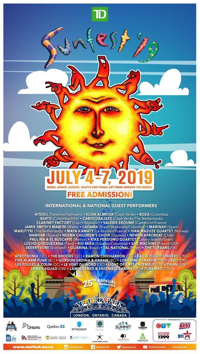 The 25th @SunfestLDN is tomorrow! Come out to #LdnOnt's Victoria Park on July 4-7th.

Four days 📅
Five stages 🎉
40 world music & jazz groups 🎷
Free admission 💲

You won't want to miss it! For more info, head to:
sunfest.on.ca