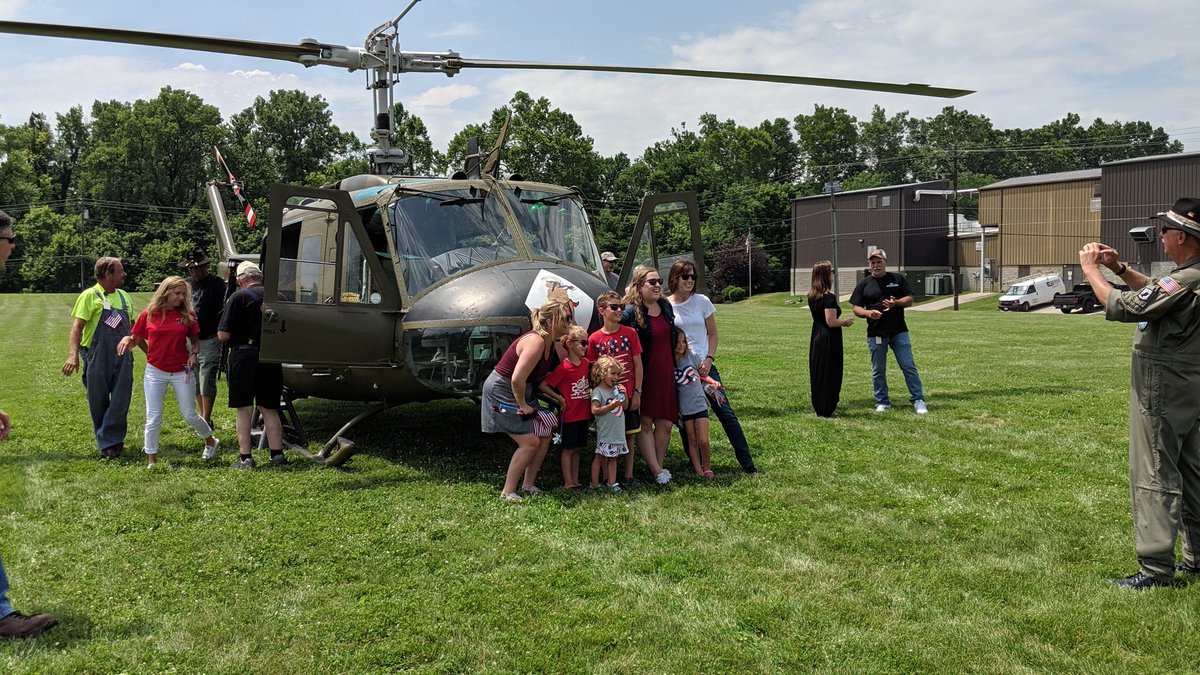 eagle993's tweet photo. Three Vietnam-era Huey helicopters landed at JTM Food Group in #HarrisonOH this afternoon. The choppers will perform a fly-over during the national anthem at the @Reds' home games on July 4th and 6th. https://t.co/lTttp9qRjF