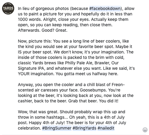 yardsbrew's tweet photo. We were going to post an extremely beautiful photo, but in solidarity with our other profiles on FB & IG, here you go. Enjoy. #storytime #facebookdown #instagramdown #4thofJuly #BringSummer #BringYards https://t.co/9JR1hwBT7e