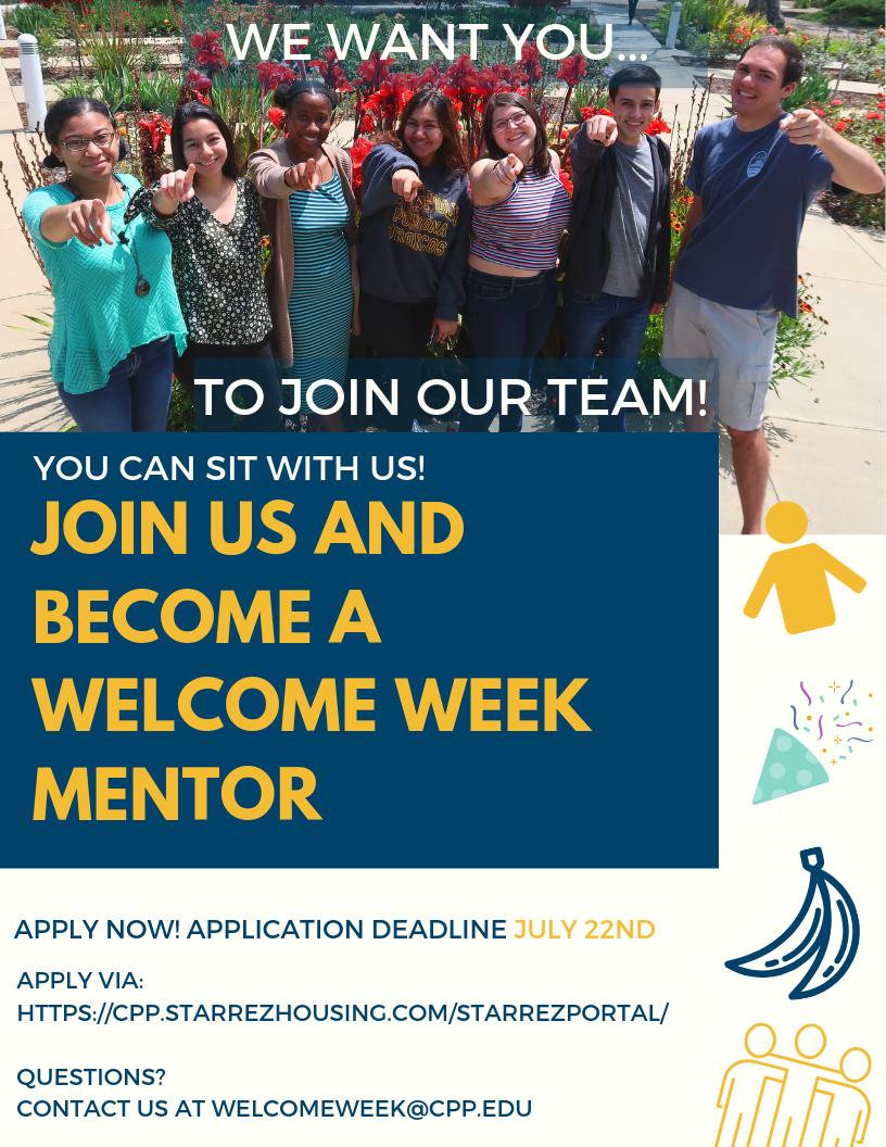 CPPWelcomeWeek's tweet image. Hi Broncos! Looking for a fun and exciting leadership opportunity? Live on campus and want to move in early? Want to make new friends? Then you should join our Welcome Week team! There's still time to apply to be a Welcome Week mentor!