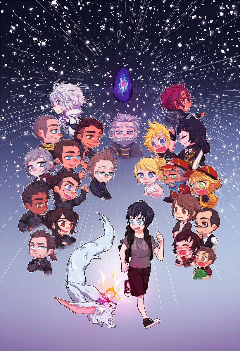 Here's the full piece of my illustration in the #FFXVCelebrationZine 🎊 this game is very important to me and I'm so happy I could work with so many cool people!! I'll have copies of the zine to sell at AX this weekend and a large 11x17" print of this too! 🎉#AXartistalley2019