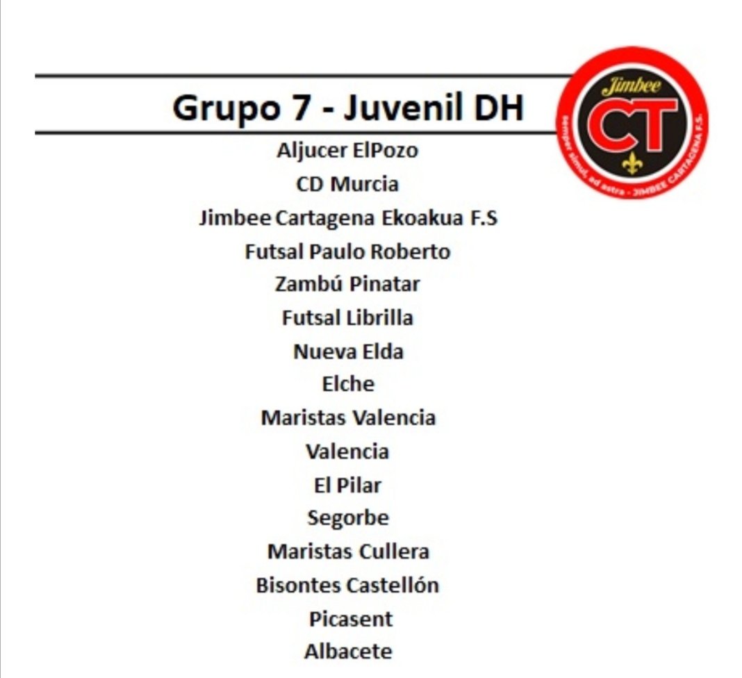 FEDCartagenaFS's tweet photo. Ya sabemos los equipos que componen el grupo 7 de la categoría juvenil división de honor, en la que competirán nuestros canteranos 
@JimbeeCartagena EKOAKUA 
#haycantera
#somosJIMBEE https://t.co/IbsCtgyhyX