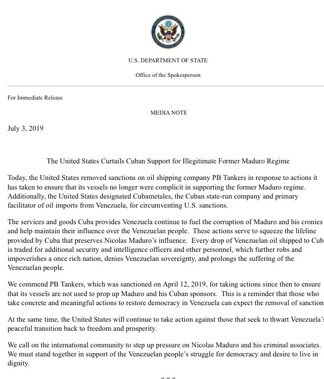 The United States Curtails Cuban Support for Illegitimate Former Maduro Regime