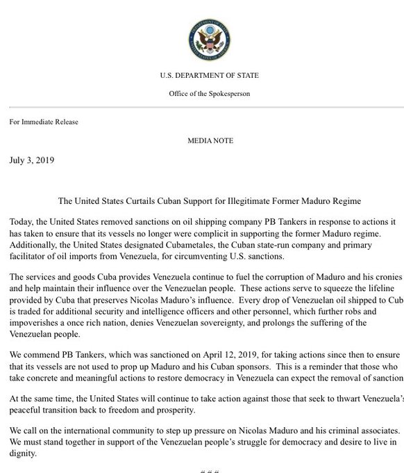 The United States Curtails Cuban Support for Illegitimate Former Maduro Regime