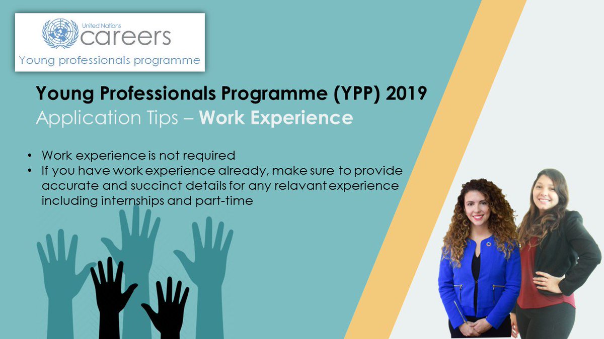 UN's tweet photo. Interested in working at the UN? The Young Professionals Programme is now open for applications and work experience is not required. More application tips from @UN_Careers: https://t.co/vSg7fYfjUZ https://t.co/SUuMN4VW1d