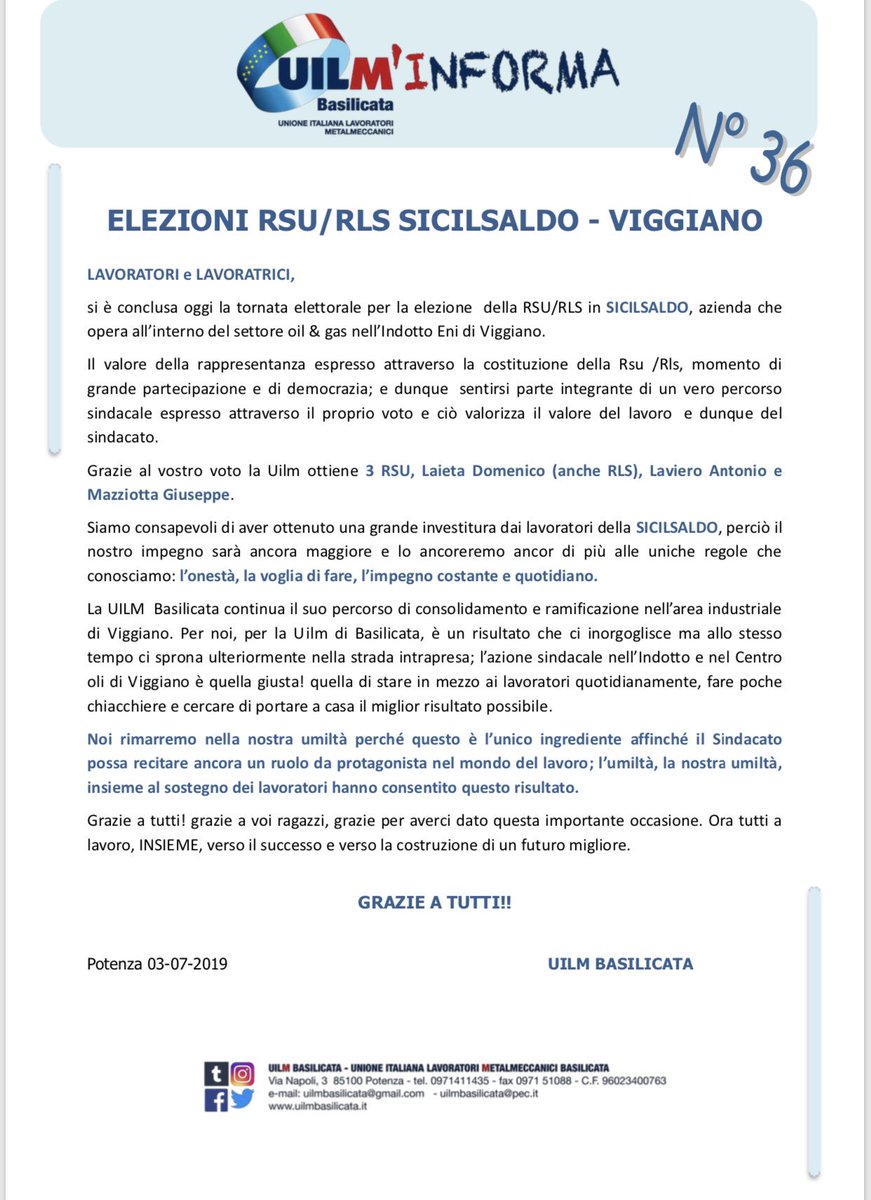 UilmBasilicata's tweet photo. #Uilm’Informa
Elezioni RSU/RLS #Sicilsaldo - Viggiano https://t.co/KtCMYSSywt