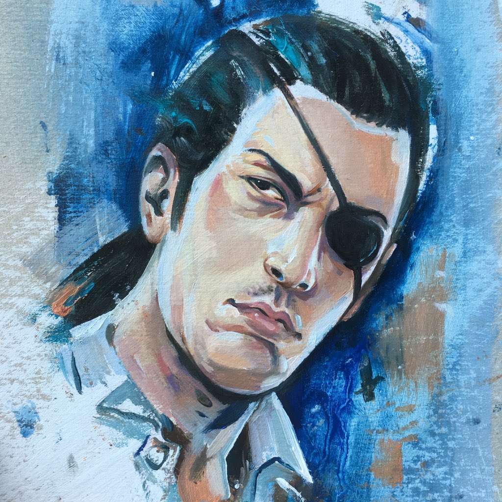 I made a little oil painting on cardboard of Majima! I'm so rusty with portraits in oil.