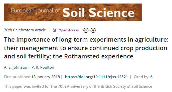 eRA_Curator's tweet photo. This publication about the @Rothamsted long-term experiments https://t.co/bJ9HhmdzHE has been downloaded from the European Journal of Soil Science enough to be a #Top20Article Well done to our colleagues Johnston & Poulton! https://t.co/ouVH6oKZgS