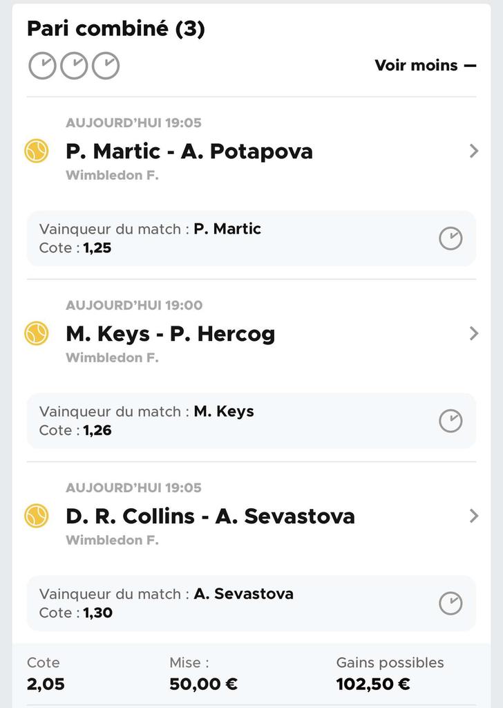 PronosLello's tweet image. Encore remboursé sur le dernier pari 😅

Prono plutôt safe Wimbledon 🎾 qui devrait conclure cette journée 

Martic + Keys + Sevastova ➡️ 2.05

♻️ et ❤ pour soutenir !!