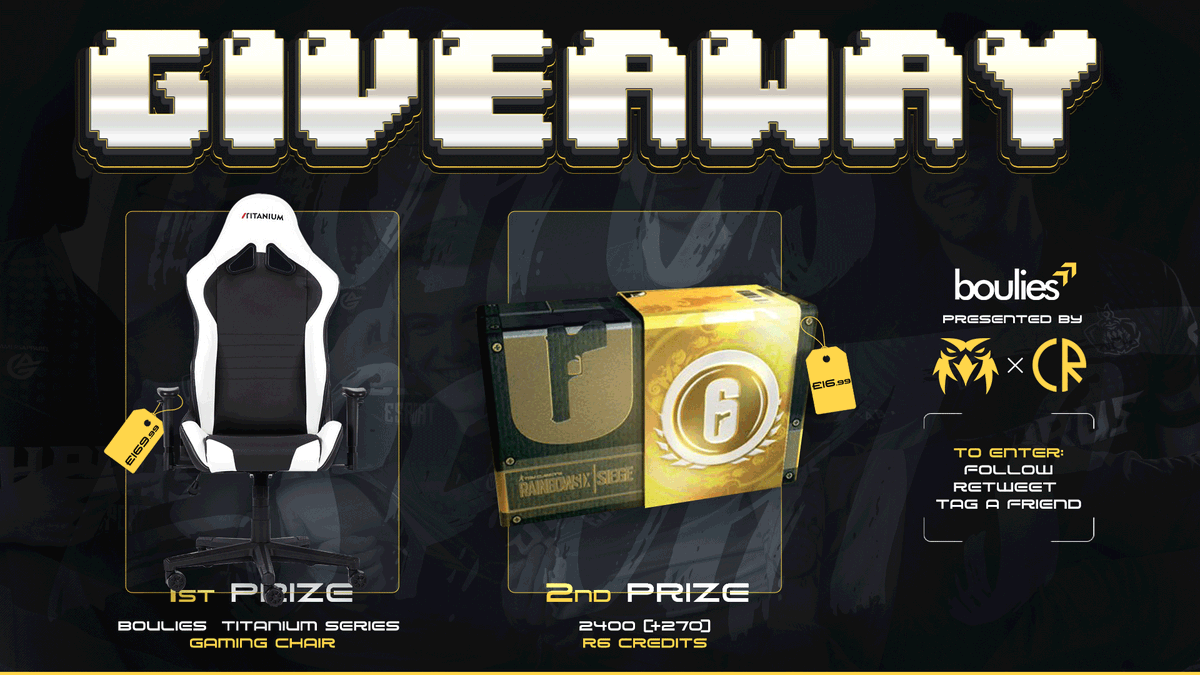 🚨GAMING CHAIR + R6 CREDIT GIVEAWAY🚨

To enter:
👉Follow <a href="/Horus_Esports/">Horus Esports</a> 
👉Follow <a href="/BouliesChairs/">Boulies Chairs</a> 
👉Follow <a href="/thecoreross/">coreRoss</a> 

❤️Like⏩Retweet🙌Tag a friend

Winner Picked in 7 Days

#RainbowSixSiege #r6credits #giveaway #boulies #free #gaming #chair