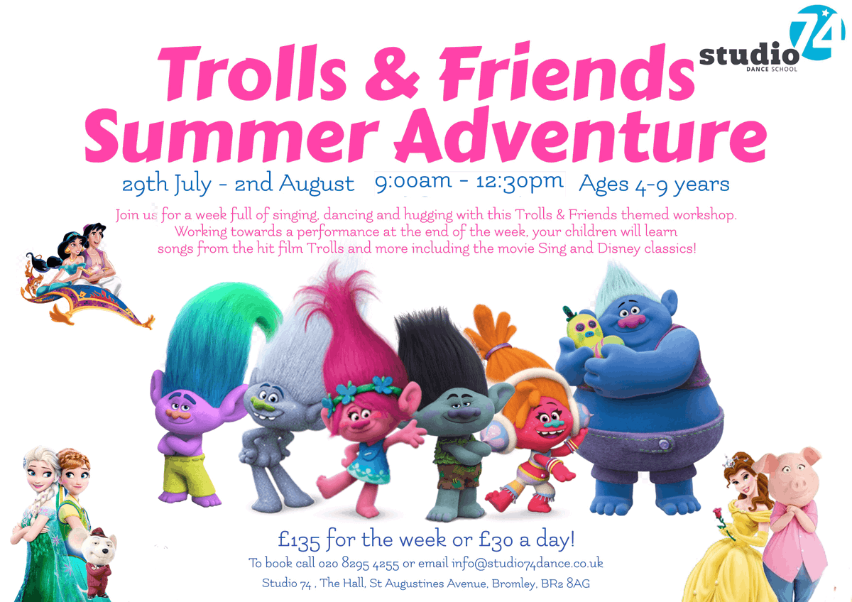 Studio74AGENCY's tweet photo. Break up the summer holidays by joining us for our wonderful summer workshops! The Greatest Showman and Trolls! To book please call 0208 295 4255! https://t.co/1AzeEZceee  💜❤️

#Bromley #Orpington #Chislehurst #Kidscamp #Summerholidays https://t.co/eOZkdwaJlu
