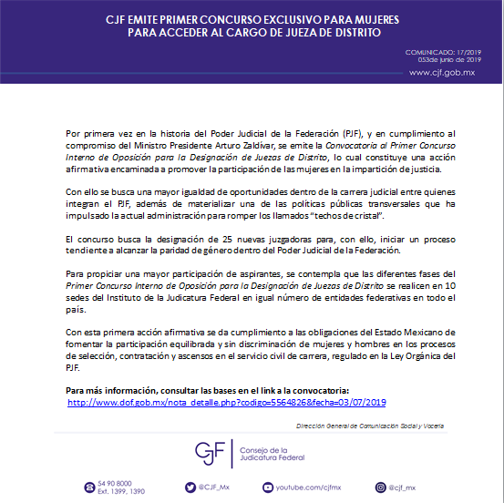 OAJ_Mex's tweet photo. #Comunicado Con el propósito de romper la brecha de género en la carrera judicial y alcanzar progresivamente la paridad, el #CJF emite la convocatoria al primer concurso de oposición para la designación de Juezas de Distrito https://t.co/jw7ejSTV1o https://t.co/AbfhrLQqsN