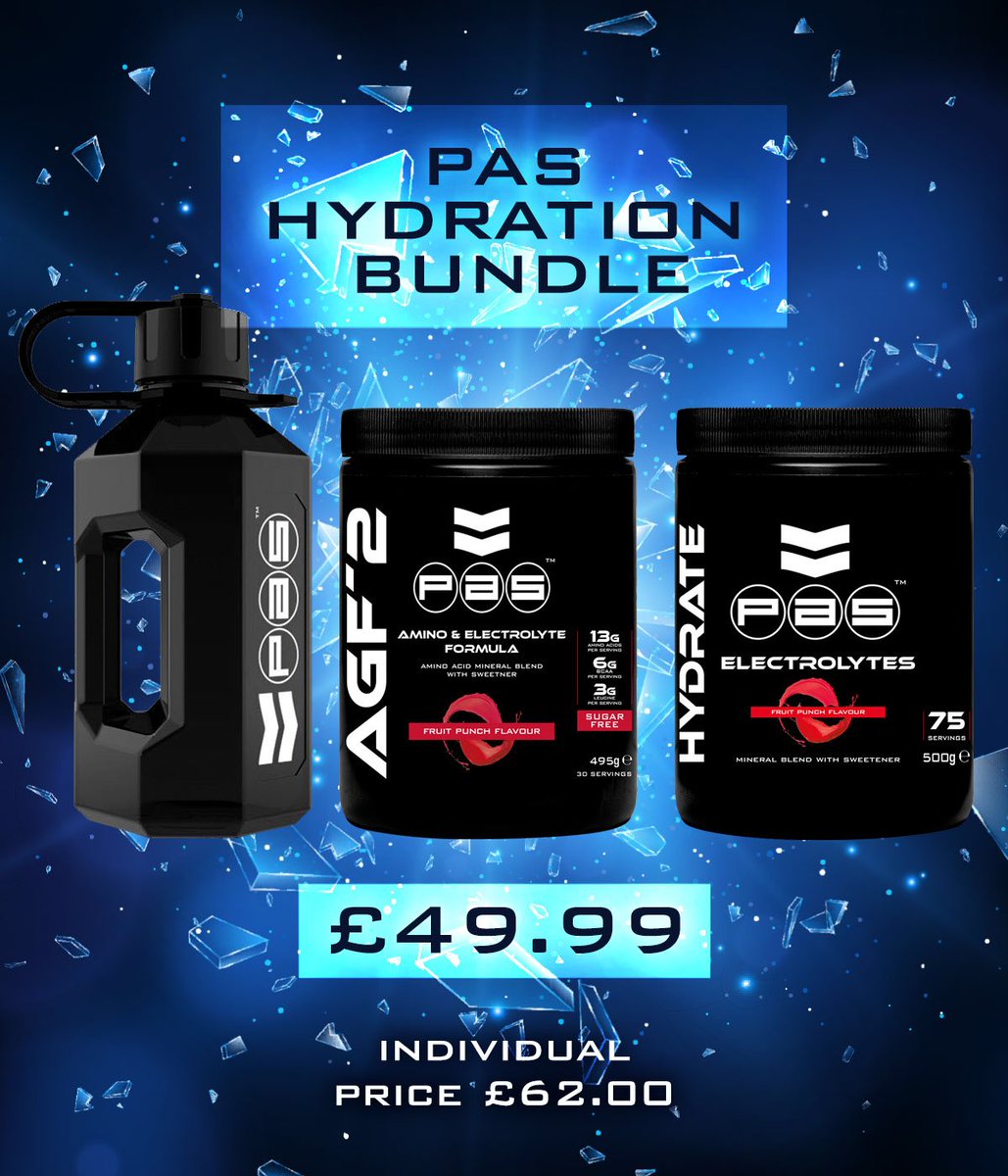 Hydration stack by PAS, available now, PAS Alpha Bottle, AGF-2 and electrolytes. Beat the heat and stay hydrated in style.