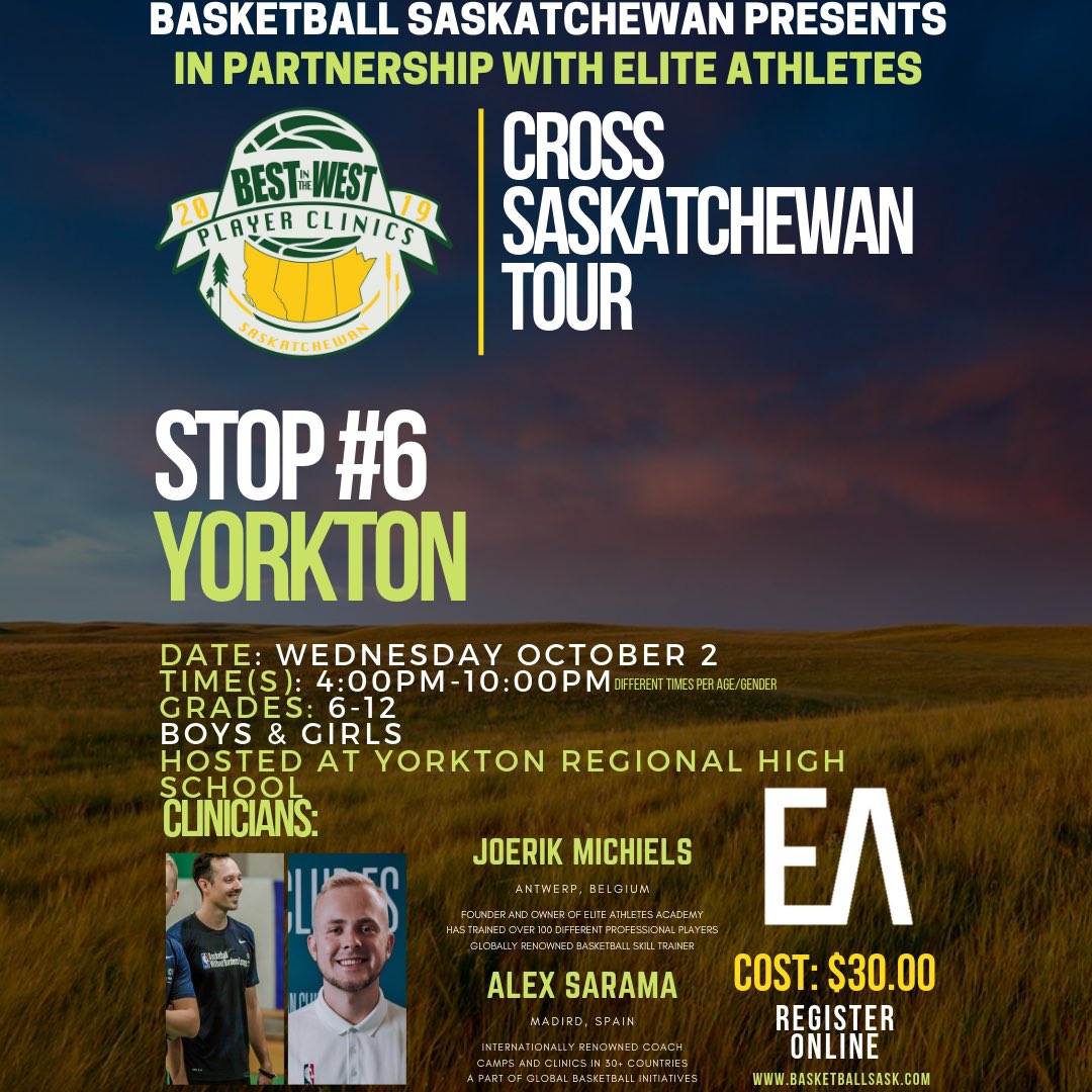 🏀BEST IN THE WEST PLAYER CLINICS🏀
📆September 28 - October 3
💰30.00
📍Regina, Lloydminster, Prince Albert, Saskatoon, Estevan, Yorkton 
⬇️Details⬇️