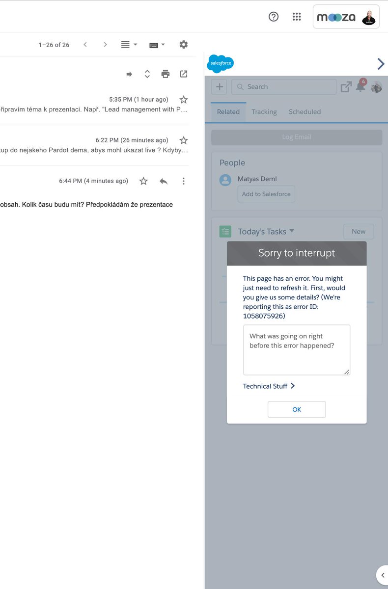 I am using Gmail + SF Inbox ... getting this error all the time. Quite confusing. It lasts for last 2-3 months. Am I the only one? <a href="/asksalesforce/">Salesforce Customer Success</a>