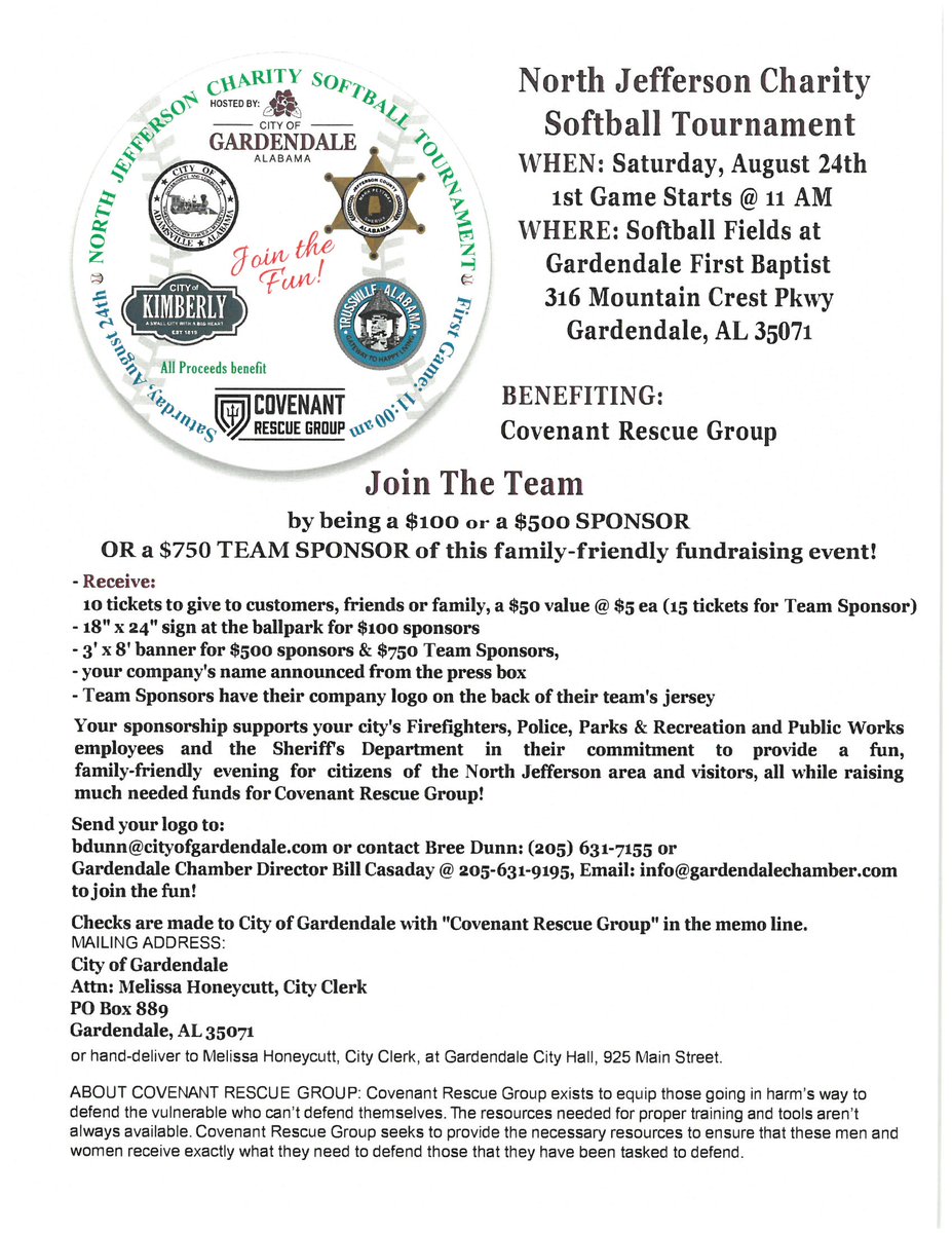 Join us! North Jefferson Charity Softball Tournament
Saturday, August 24th 1st Game Starts <a href="/11/">Eleven</a> AM
Softball Fields at Gardendale First Baptist
316 Mountain Crest Pkwy
Gardendale, AL 35071
BENEFITING: Covenant Rescue Group
