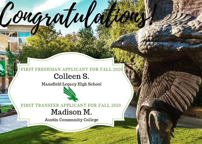 UNTadmissions's tweet photo. Did you know the Fall 2020 application is open on #ApplyTexas?

Colleen and Madison knew and are the FIRST applicants!! Congratulations!! 

Dont worry #UNT23! We still have love for yall and love seeing the sea of green shirts during orientation on #UNT campus 💚

#UNT24 #IAmUNT https://t.co/Cs7h3JHIL3