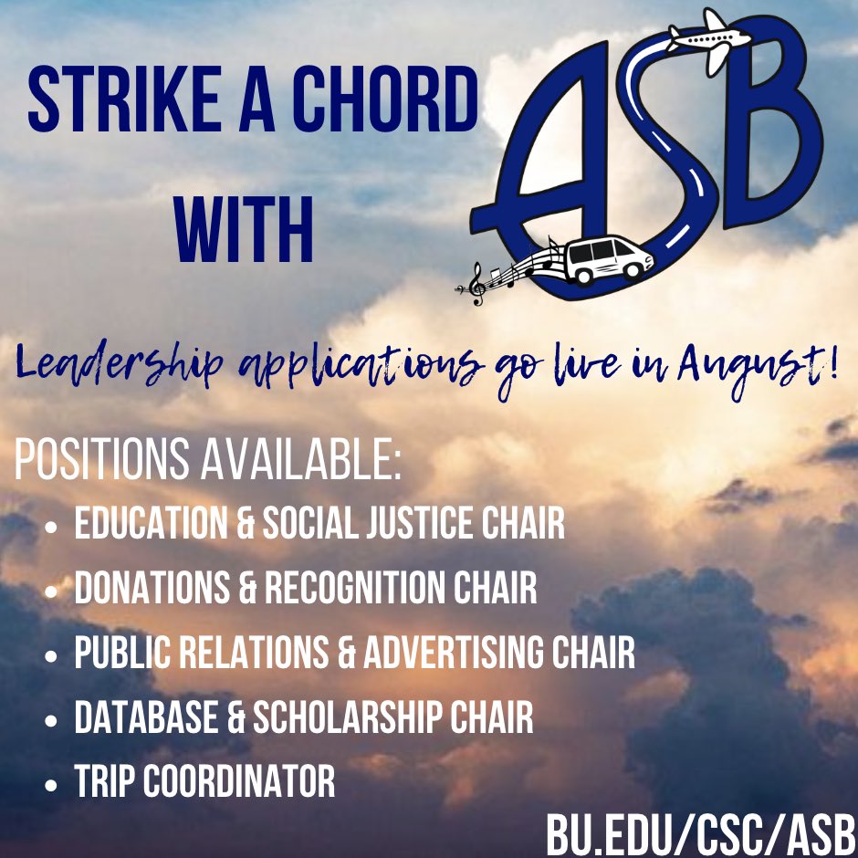 ASB 2020 wants YOU to join our team by applying for one of our leadership positions! Applications will go live in August, so check back for updates, and email us at altbreak@bu.edu with any questions! #strikeachord #2020vision