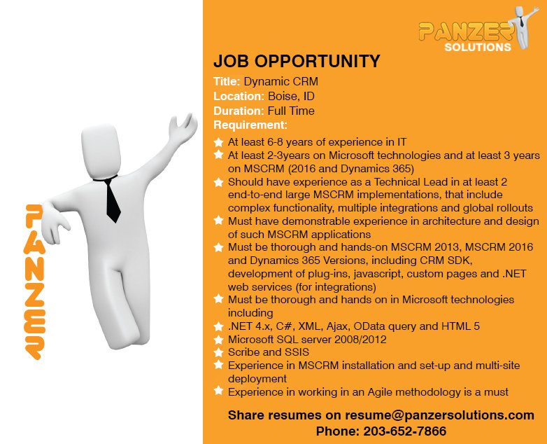 panzersolution's tweet image. Job Title: Dynamic CRM
Location: Boise, Idaho
Share resumes on resume@panzersolutions.com
Or for more info click on the below link
panzersolutions.com/view_job_oppor…

#DynamicCRM #jobseekers #jobs #latestjobs