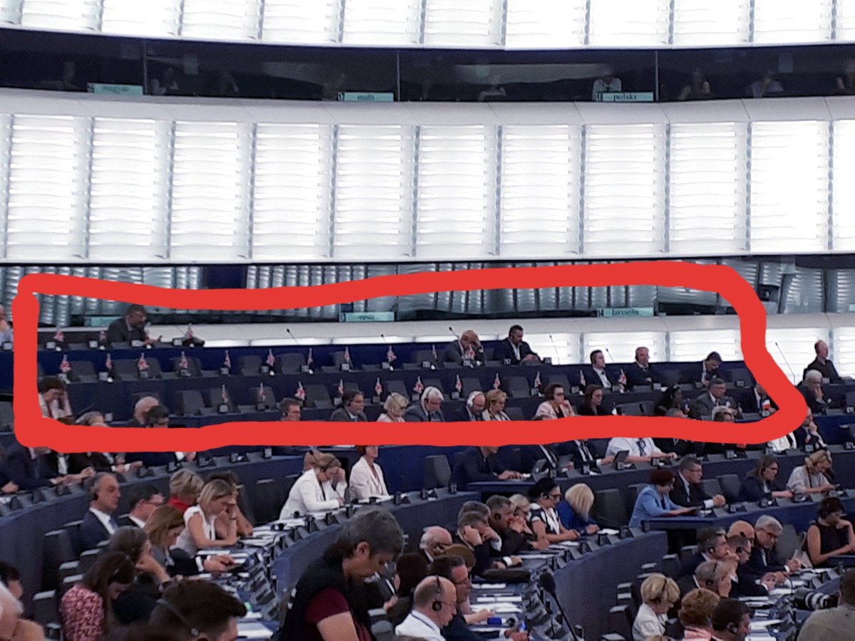 LuisaPorritt's tweet image. Took this photo this morning. Second sitting day and Brexit Party MEPs are already not showing up for votes. Their seats haven’t been full for most of the day, despite important voting to determine #EUTopJobs. Being paid to not work? Have to ask... what do they do all day?! 🤷‍♀️