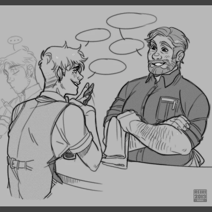 Big baby enters a bar for Intel, only to order chocolate melk- 
A warm-up doodle of my boy Nino visiting Benjamin and Elijah's bar!
The two handsome barmen belong to @Jubidoobydoo ♥ 