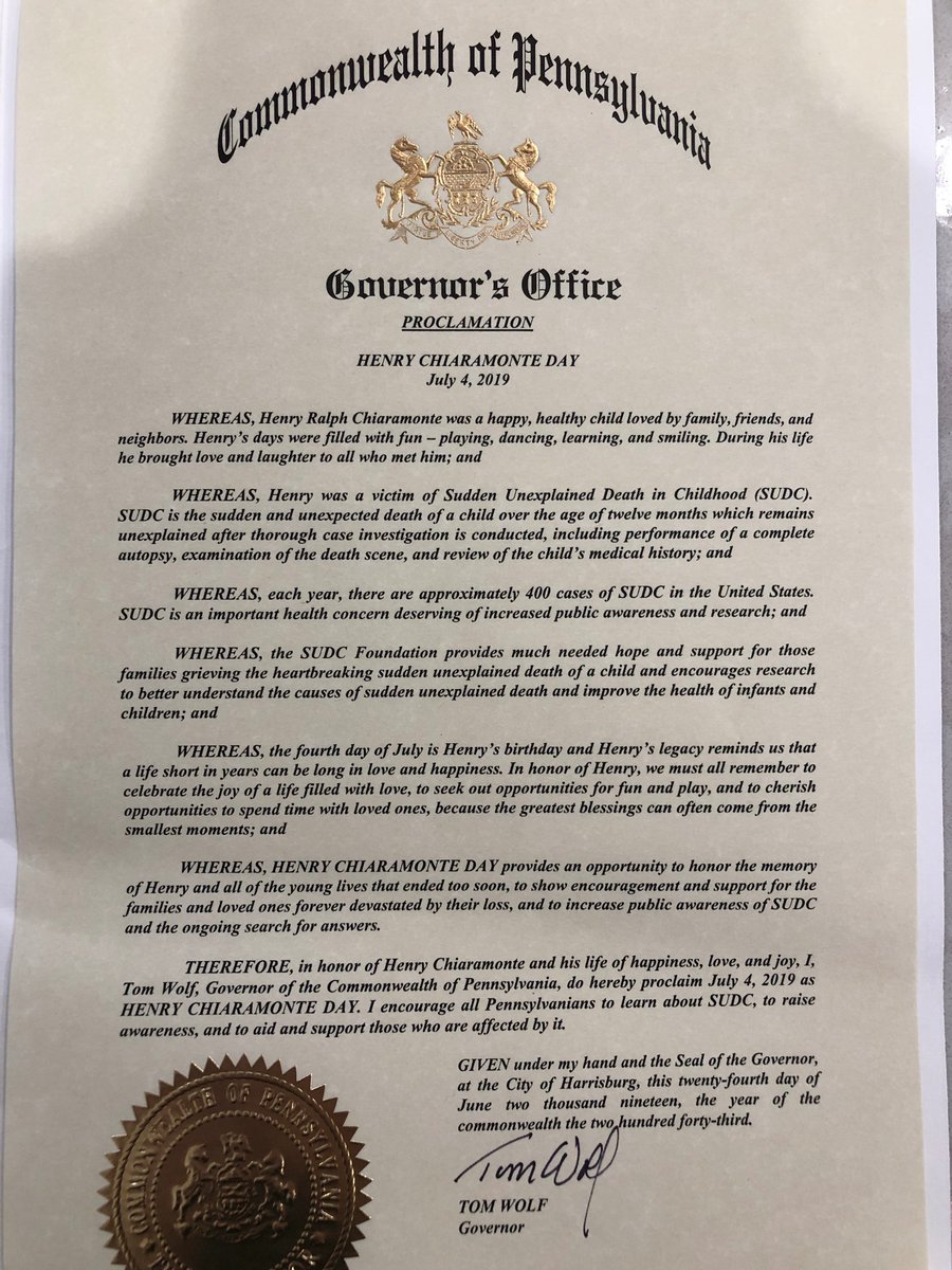 Governor Tom Wolf of Pennsylvania <a href="/TomWolfPA/">pacman</a> declared July 4, 2019 Henry Chiaramonte Day. Acts like these are appreciated by families &amp; the Foundation alike, as they spread SUDC awareness while allowing families to feel supported. Thank you to the Chiaramonte family for sharing!