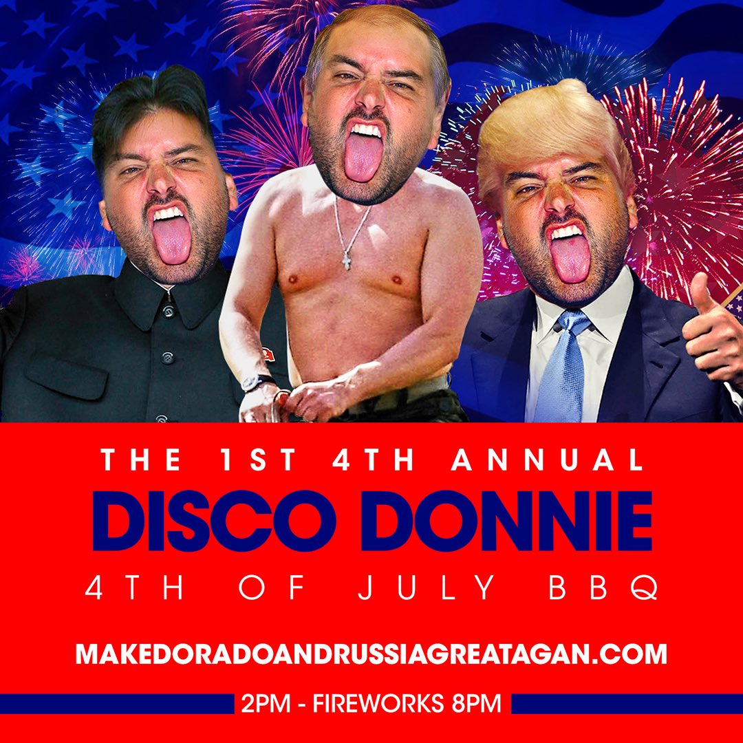 RealDiscoDonnie's tweet photo. Party in Puerto Rico tomorrow with the 3 amigos #makeamericaraveagain https://t.co/Z9e0NUnqF2