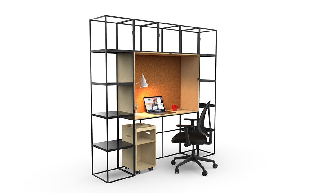 Find your  work nook! A creative way for a single nook worktable to be integrated into a cage storage shelf. Includes inner shelf panels x8, clamp x8 and pins are included. Black steel panel finish, with a Black frame and a Natural Ply desk nook.