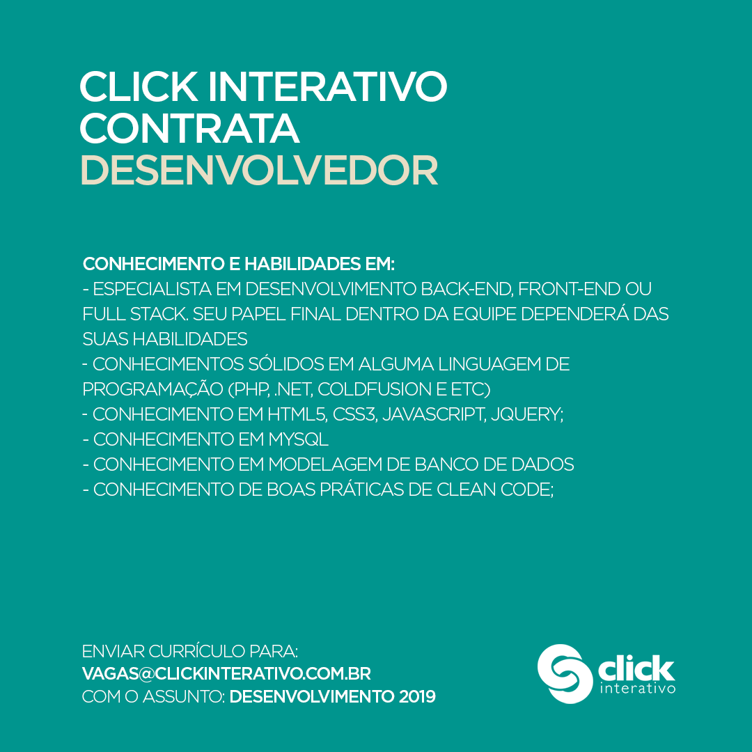 clickinterativo's tweet photo. Venha fazer parte do nosso time!
Envie o seu currículo para vagas@clickinterativo.com.br com o assunto "Vaga Desenvolvimento 2019" e pretensão salarial para PJ ou CLT. https://t.co/MmYhUiGozM