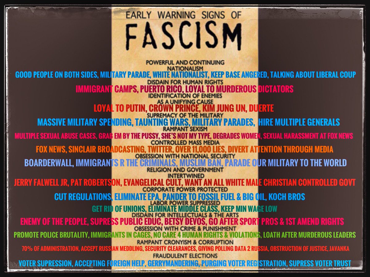 MoodyFooka1's tweet photo. WARNING RED ALERT: WARNING SIGNS OF TRUMP’S FASCISM!
#TrumpsFascistAmerica #WarningAMERICA #WakeUpNOW https://t.co/tj0E0BCq6P