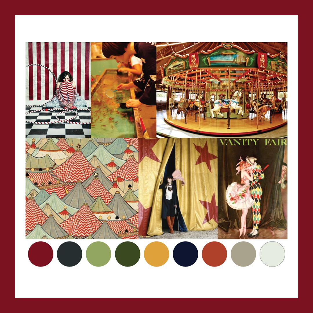 The Circus Circus themed mood board 📌 July's colorways are inspired by the vintage glitz, glamour, and glitter of the circus. Leave the 🎟 emoji below if you've got your ticket to see the greatest show on earth 🎪