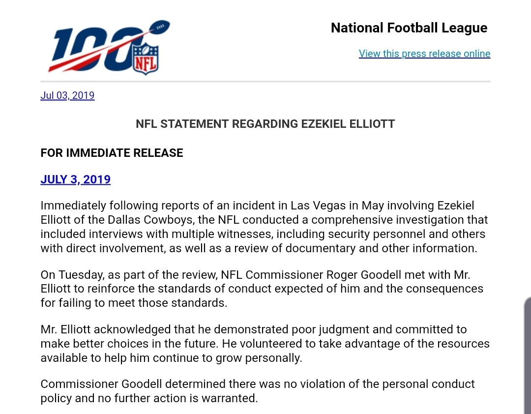 PSN_Eagles's tweet photo. The @NFL and @nflcommish have release the following statement in regards to Ezekiel Elliot: https://t.co/hJk1ljN88Q