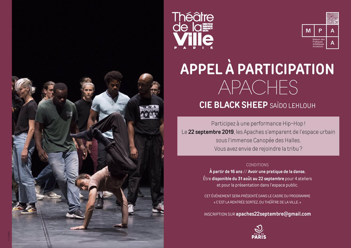 TheaVilleParis's tweet photo. APPEL À PARTICIPATION
Envie de participer à une performance Hip-hop ?
Le 22.09.19, les #Apaches #CieBlackSheep #SaïdoLehlouh s’emparent de l’espace urbain sous la Canopé des Halles @Paris
Envie de rejoindre la tribu ?
Toutes les infos ici 👇🏻

Avec #MPAA https://t.co/3MKmnJ2Qwh