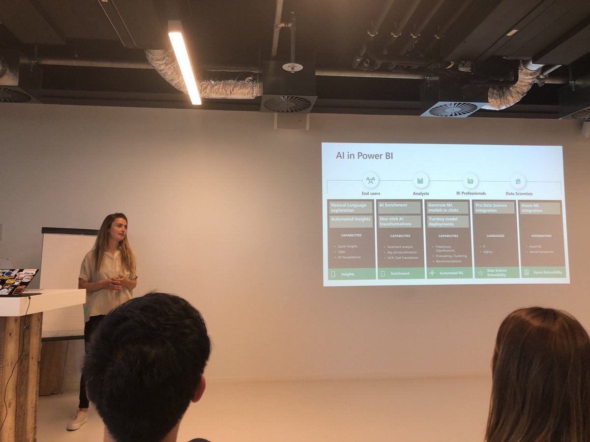 MarcLelijveld's tweet image. Time for the real cool stuff! @StevensSarina presenting even more awesome #AI capabilities which are (or become) available in the #PowerBI ecosystem! 

#AutomatedML #CognitiveServices #MacawNL