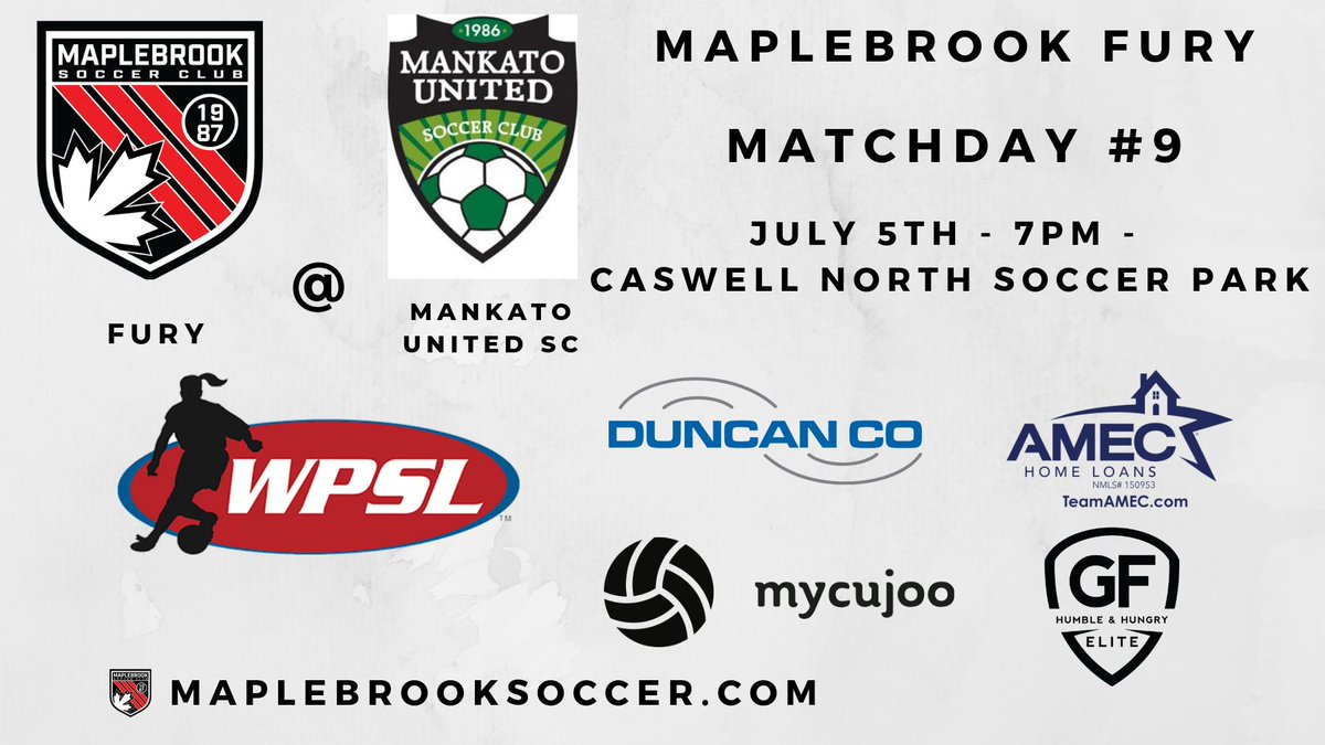 Don't look now...the Fury are BACK!
@ <a href="/MankatoWpsl/">MankatoUnitedWPSL</a> 
⏰7pm
📍North Caswell Soccer Park

<a href="/WPSL/">Women’s Premier Soccer League</a> #WPSL