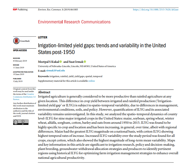 Meetpal Kukal (@agrohydrology) on Twitter photo Our new paper from <a href="/SuatIrmak5/">Suat Irmak</a> Lab in <a href="/IOPenvironment/">IOP Environment</a> benchmarks historical "Irrigation Limited Yield Gaps" in the US agriculture post-1950. See #OpenAccess full paper at bit.ly/2Lz4Nb1
Some highlights are presented in the thread below: Our new paper from <a href="/SuatIrmak5/">Suat Irmak</a> Lab in <a href="/IOPenvironment/">IOP Environment</a> benchmarks historical "Irrigation Limited Yield Gaps" in the US agriculture post-1950. See #OpenAccess full paper at bit.ly/2Lz4Nb1
Some highlights are presented in the thread below: