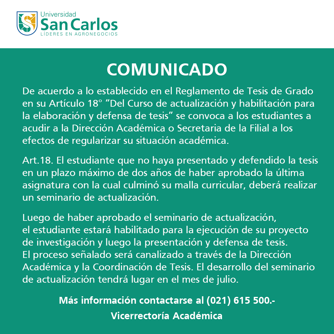 UniSanCarlospy's tweet photo. Con atención a toda la comunidad de la universidad. #ComunicadoUSC #CultiváLoMejorDeVos. https://t.co/TxoubY4McT