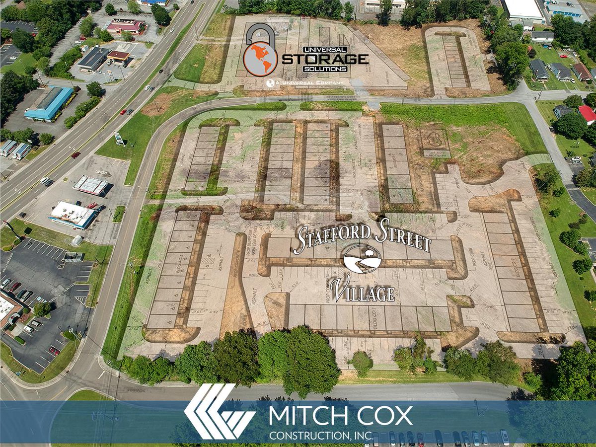 MitchCoxCo's tweet photo. We’ve got BIG (site) plans for Stafford Street Village in Bristol! One side will feature 137 upscale apartments and on the other residents will have access to convenient climate-controlled self-storage units managed by Universal Storage Solutions #construction #bristoltn https://t.co/FtEDEczBZj