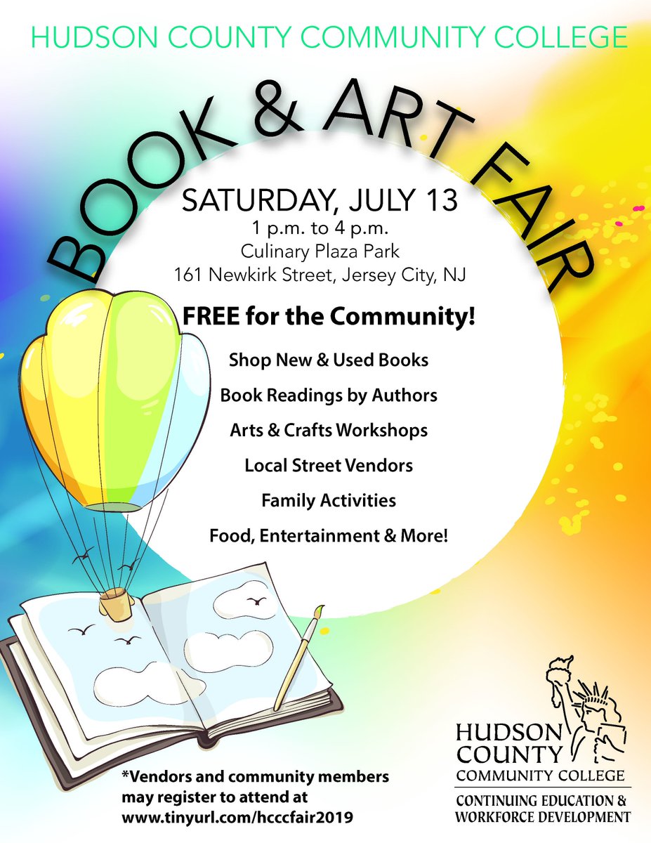 HudsonCCC's tweet photo. Join us on Saturday, July 13 at the Culinary Plaza Park for the Book and Art Fair! #HCCCSummer2019 #HCCCBookFair #HCCC_ContEd https://t.co/pKfP3txCgb