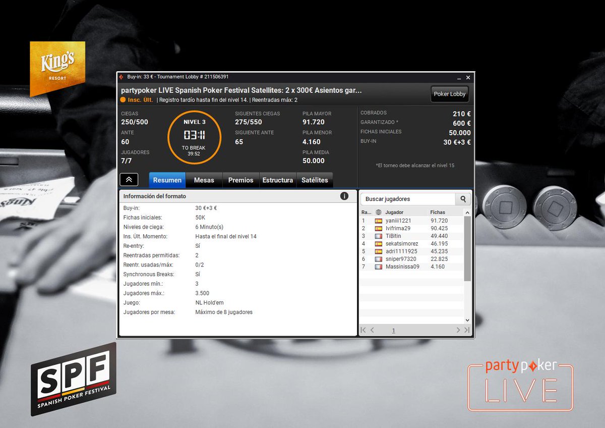 SPFpoker's tweet photo. Así tenemos el satélite de @PartyPokerEs:

📈Nivel 3️⃣
7️⃣ jugadores
💰 buy in de 33€
🎟️🎟️ de 300€ para el Main event GARANTIZADAS
Registro abierto hasta finalizar el nivel 1️⃣4️⃣ 

¡El #SPFRozvadov 🇨🇿 te está esperando! 😍

#RoadToSPF https://t.co/2Yg1YcGTPW