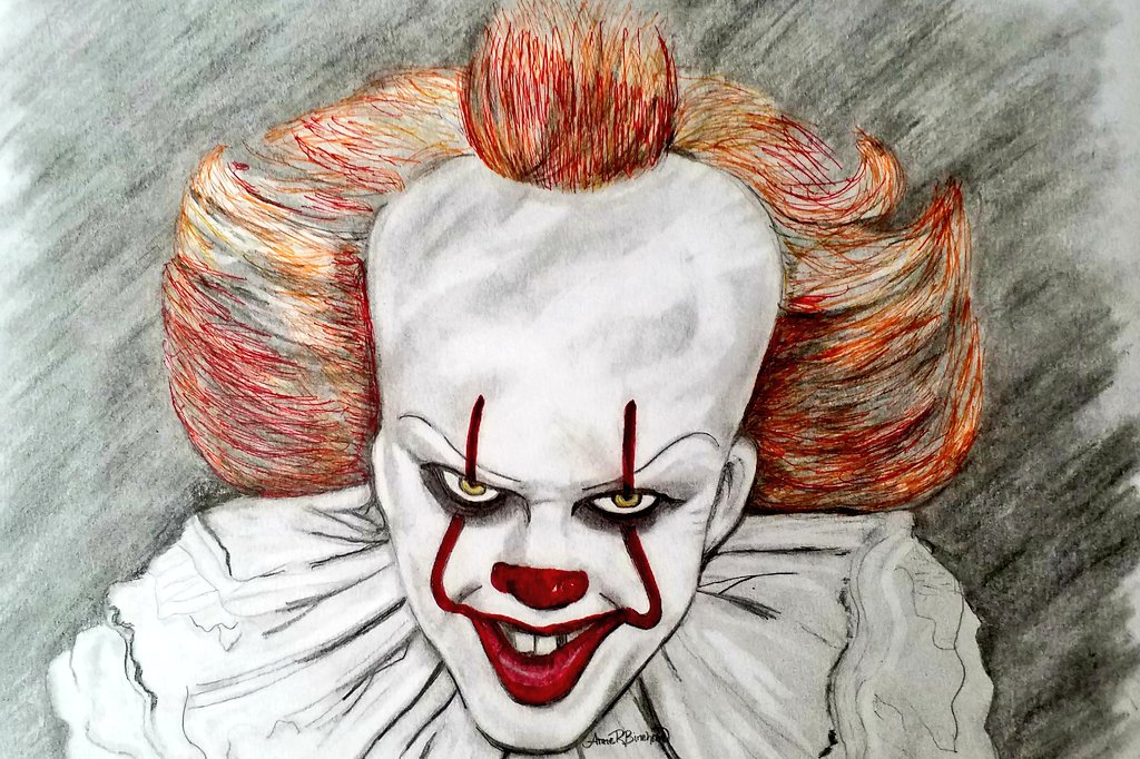 AnnetheArtist1's tweet photo. I had to wait a few days to go back to my artwork because l was indeed concussed from falling off my bed (see previous Tweet) but finally finished my beloved Pennywise the Dancing Clown. Yea! Want a balloon? #pennywise #it #horrorart #theyfloat #fanart https://t.co/pnREBrKjBM