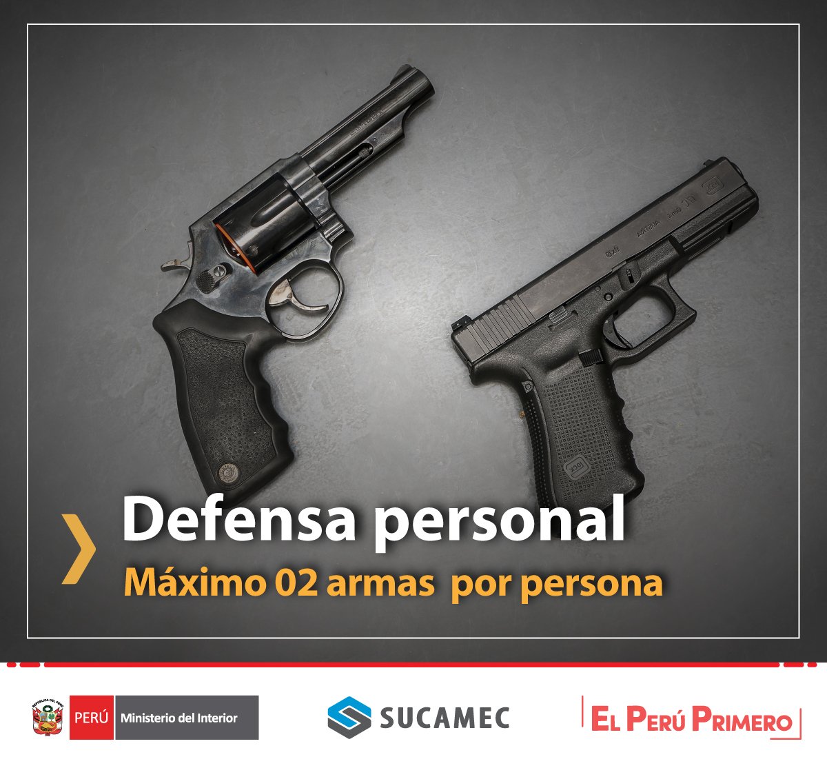 Sucamec Perú on X: #TomaNota ☝️ 👉 El número máximo de #armas de fuego  permitido para la modalidad de defensa personal es de dos (02) armas por  persona. ▻Excepcionalmente la Sucamec puede