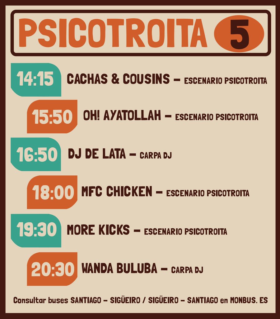 ⏰ HORARIOS ⏰

Como boa romaría que somos, este domingo os concertos comezan ao mediodía. 😉 Dende as 14:15h teremos música en directo! 

🚌 Os que vides de Santiago tedes bus ás 14h na estación para a ida, e dende Sigüeiro ás 21:55h para a volta, que aquí pensamos en todo! 😎
