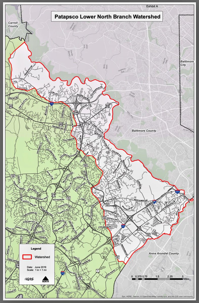 LizWalshHoCoD1's tweet photo. @ECpix @erinblogan Here’s the map of the Patapsco Lower North Branch watershed, outlined in red, attached to #CB38🌳 as Exhibit A. (Yes, larger than the #oldEllicottCity watershed.) https://t.co/huFRqoQNuw