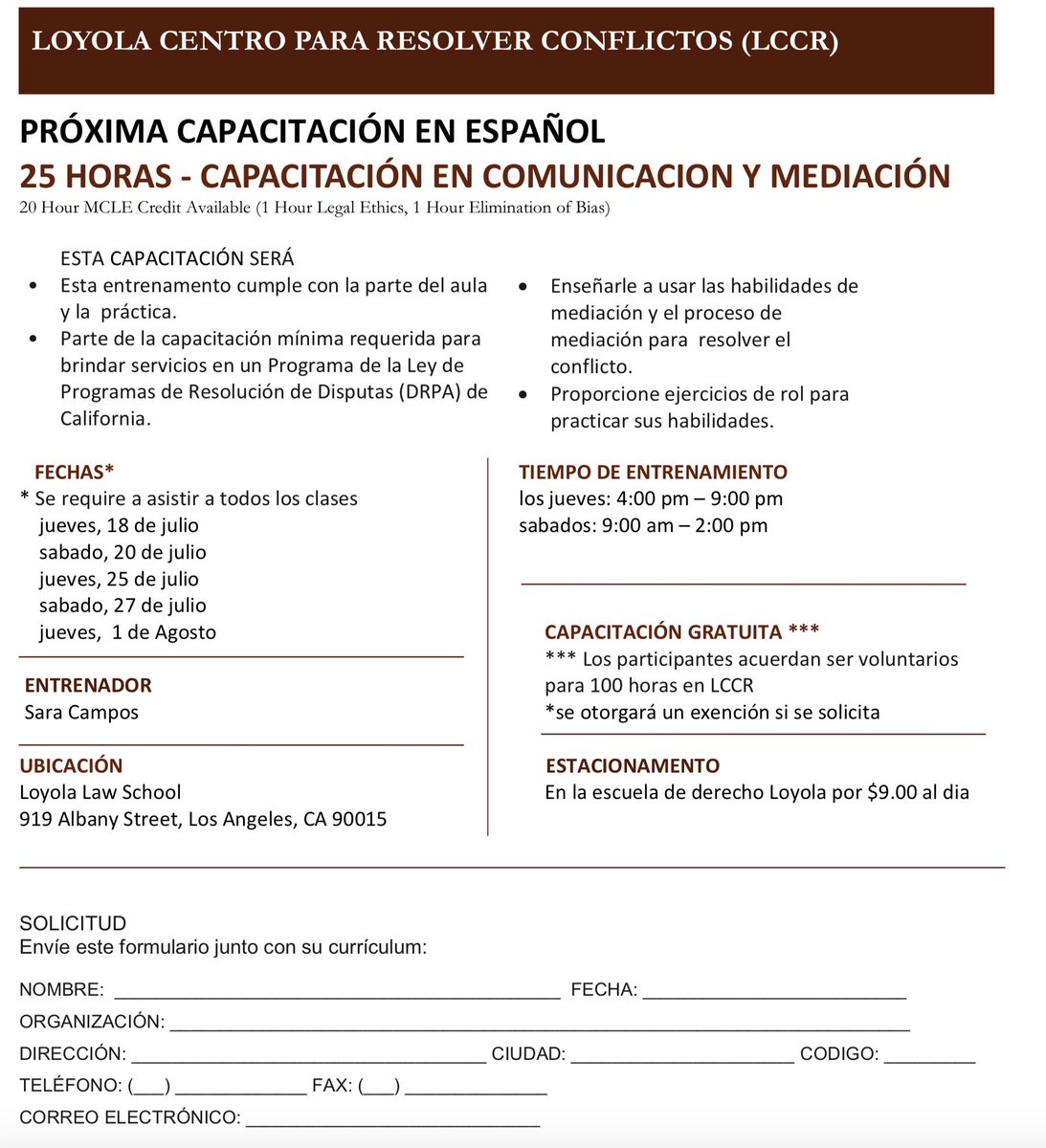 daysofdialogue's tweet photo. .@LoyolaLawSchool This is great! No fee, 25 hour summer #mediation training - en español - see flyer or contact <Mercedes.Smith@lls.edu> @SCMediationAssn @conflictandkids @CommunityPrtnrs @CoCoSouthLA @RaraRidley #USCGoodNeighbors @USC https://t.co/BiEYRGPWFV